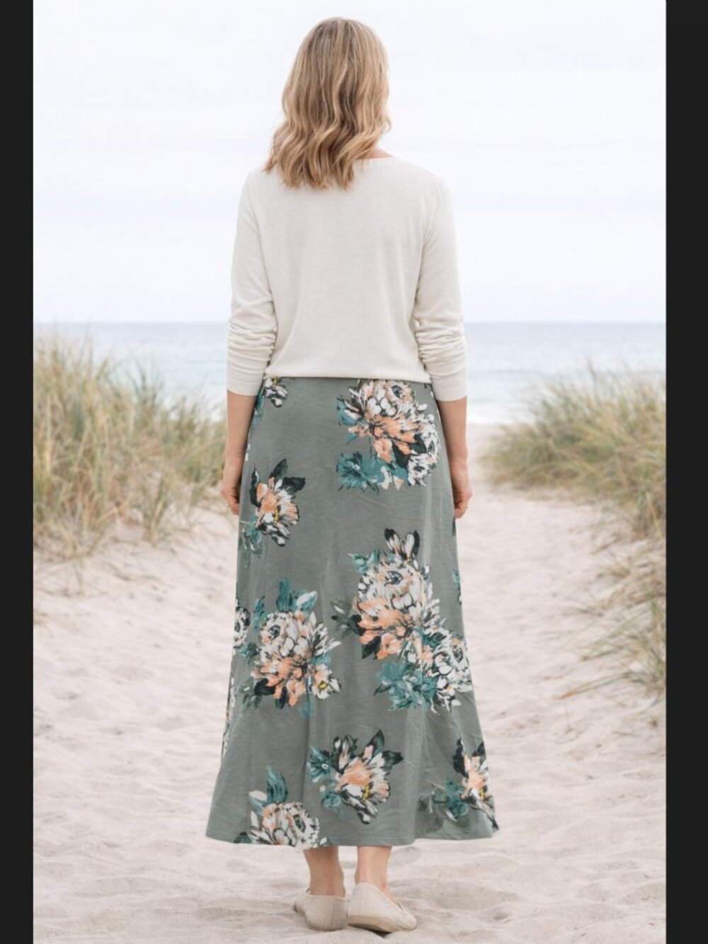 J Jill Maxi Skirt LP Green Floral A Line Pull On Stretch Waist Cottage Rose Boho - Picture 5 of 10